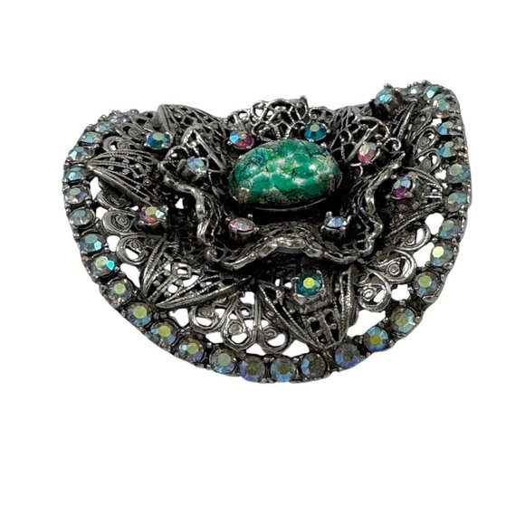 Musi Rhinestone Shoe Clips Filigree Aurora Borealis Faux Opal Cabochon Vtg 1960s - Picture 4 of 10